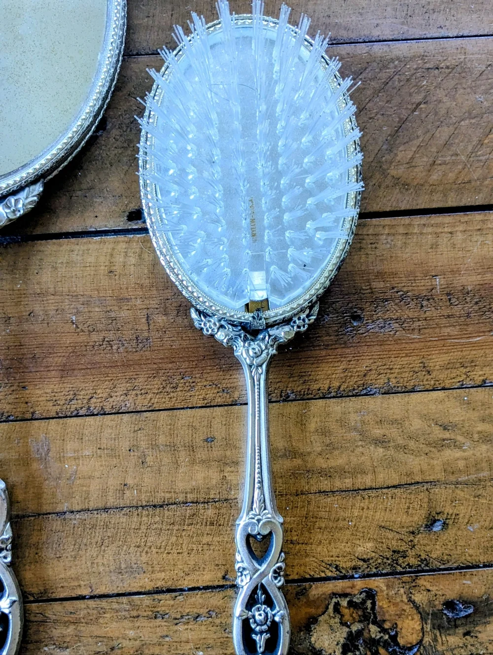 Vintage Gemite 3-Pc Vanity Set - Mirror, Brush & Comb - Silver Tone & Gold Broca